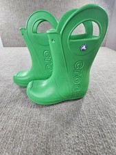 Crocs Handle It Rain Boots Kids J2 Green Waterproof Pull On Logo Badge Shoes