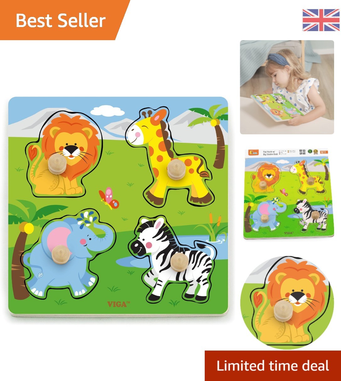 Altersgerechtes großes Holzknaufpuzzle - Wildtiere Design für Kinder 1-12