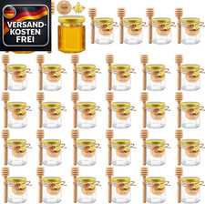 Kleine Honiggläser 45ml Hexagon Glas mit Golddeckel Holzschöpflöffel Eukalyptus
