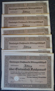 100 x Vereinigte Stahlwerke AG Düsseldorf. Aktie über 1000 RM 00.08.1934.