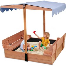 Wooden Kids Sandbox with Lid and Canopy, Outdoor Sandpit with Cover and