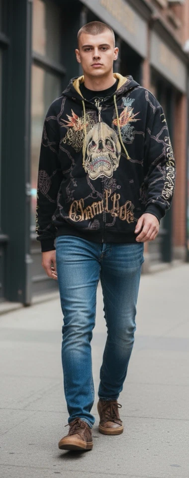Ed Hardy Christian Audigier Adornos Sudadera con Capucha Para Hombres XL Calavera Tigre Estrás Foto 2 de 4