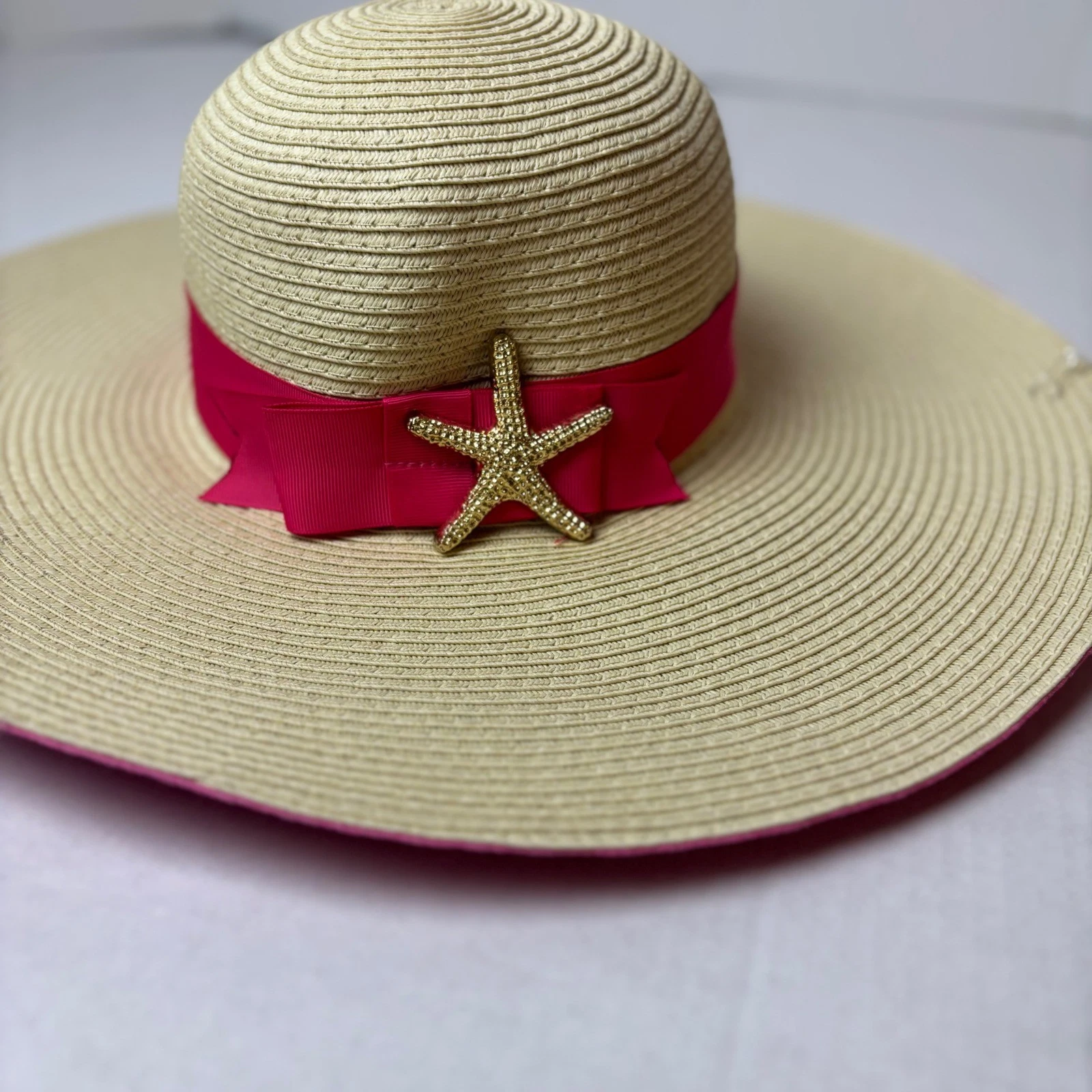 Vacation Mud Pie Tan Woven Straw Sun Hat Pink Ribbon Starfish NWT Beach Pool NEW