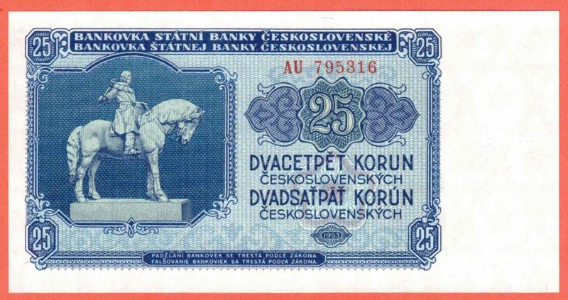 A5 - Czechoslovakia 25 Korun 1953 Crisp Uncirculated Banknote P84 SN: AU-795316