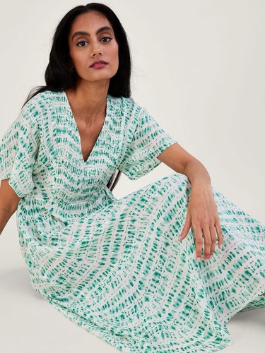Monsoon Tie Die Print Shirred Body Kaftan Long Beach Dress M Turquoise