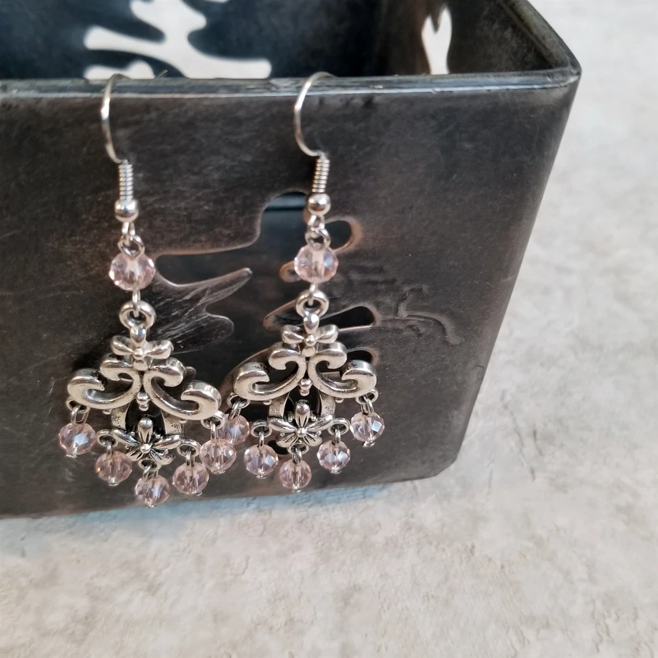 Victorian Pink Faceted Crystal Art Nouveau Silver Scroll Chandelier Earrings - Image 2 of 4