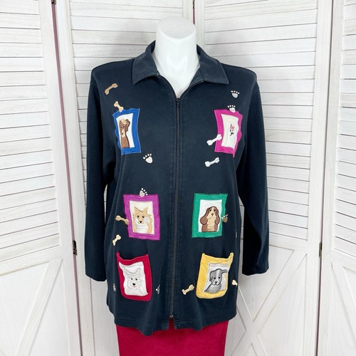 Bechamel Jacket Women Large Blue Dog Lover Embroidered Patches Full Zip Cardigan - Picture 1 of 11