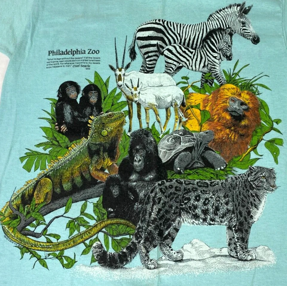 Винтажная футболка с анималистическим принтом размер S 80-е 2 стороны Philadelphia Zoo одинарный шов 87 - Изображение 2 из 4