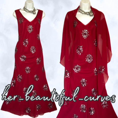 BERKERTEX SEQUINS EMBELLISHED EVENING OCCASION PARTY DRESS SIZE 18 with Shawl