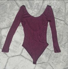 Bodysuit Long Sleeve Low Back Purple Sheer with Clasp Fasteners Medium