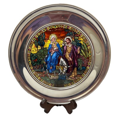 Christmas Nativity Stained Glass Plate Framed in Pewter L.A. Cathedral 1982