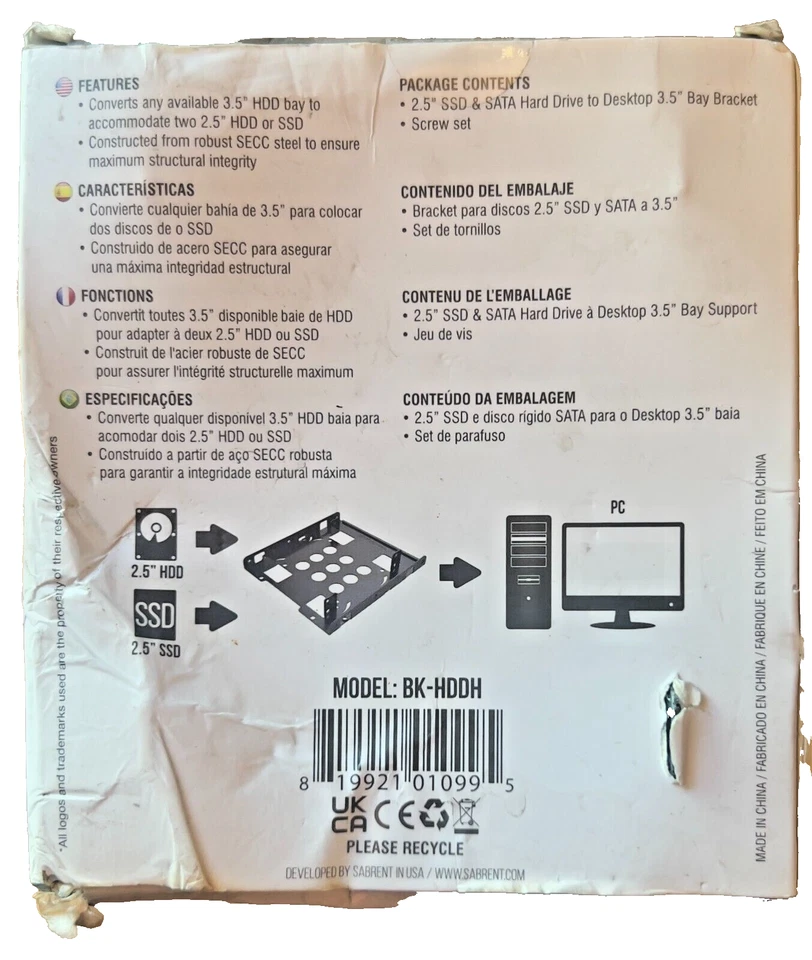 Sabrent 2.5 SSD & SATA Hard Drive to Desktop 3.5 SATA Bay Converter Mounting Kit - Image 3 of 3