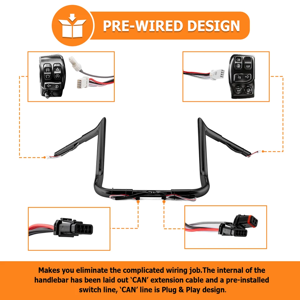 PRE-WIRED 12" Meathook Bar Ape Hangers Handlebars For Harley 2014-2023 FLHX FLHT - Image 4 of 4