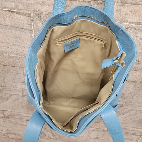 Persaman Claudette Woven Blue Leather Tote Bag Tan Liner Missing Shoulder Strap - Picture 8 of 10