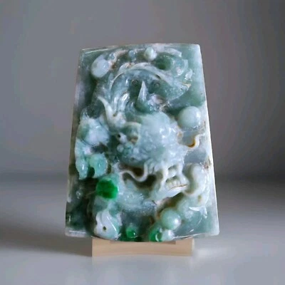 Jade Chinois Ancien Qing Décor Dragon Royal Sculpté Finement Signé Au Dos - Photo 1/4