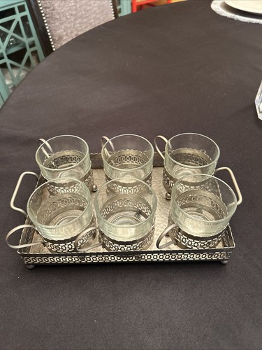 Vtg Duralex coffee glass cup set of 6 with metal frame with serving tray - 第 1/12 張圖片