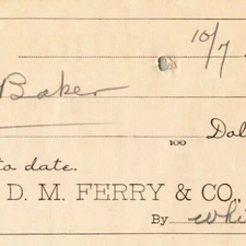 1898 $5.18 Check From Ephraim Baker* to D. M. Ferry Co. (Seed Company)