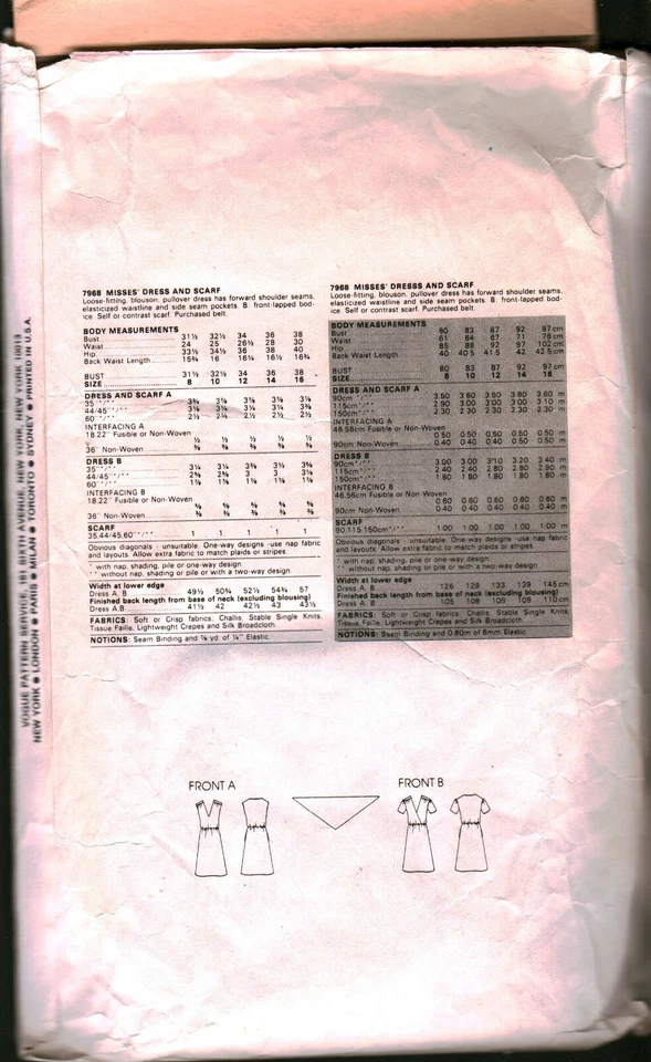 7968 Vintage Vogue Sewing Pattern Misses Loose Fitting Dress Scarf 14 Easy OOP - Image 2 of 2