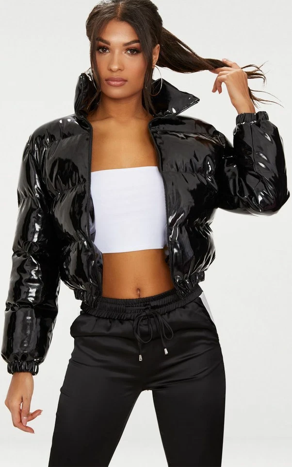 Women Shiny Wet Look Vinyl Thick Puffer Padded Quilted Cropped Short Jacket Coat - Image 4 of 4