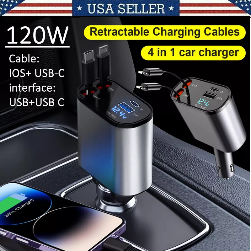 Retractable Car Charger 4 in 1 Fast Car Phone Charger 120W with USB Type C Cable Retractable Car Charger 4 in 1 Fast Car Phone Charger 120W with USB Type C Cable