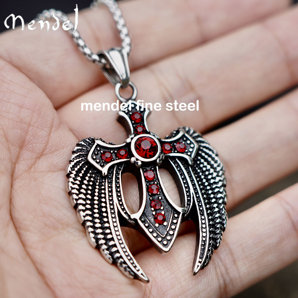 MENDEL Mens Womens Angel Wings Red CZ Cross Pendant Necklace