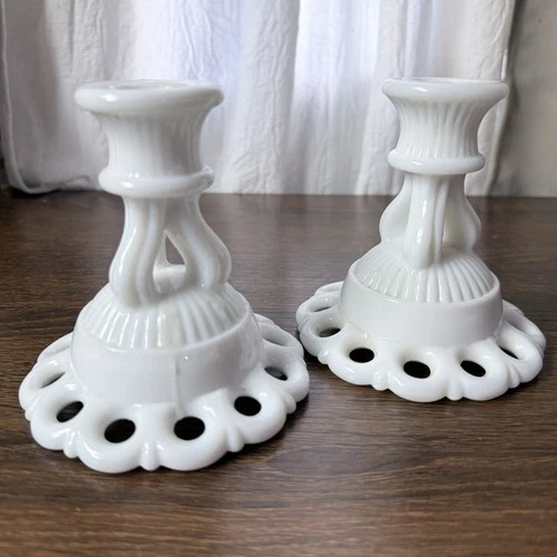 Westmoreland Milk Glass Candlesticks Pair White Lace Edge Vintage