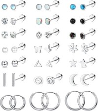 21Pairs Surgical Steel Flat Back Earrings Hypoallergenic 20G Screw Back N