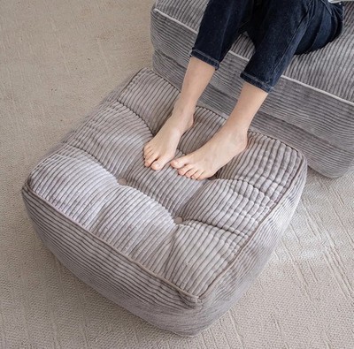 Gray Corded Fabric Tufted Square Pouf Ottoman, 21.7x14in, Foam Filled