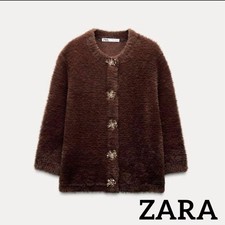  Good Condition ZARA Brown Cardigan Gold Button Fluffy