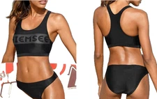 Black Bustier Bikini Set UK 12 Racerback crop top & briefs bottoms swimwear