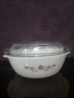 Vintage Dynaware Pyr-O-Rey Milk Glass Casserole Dishes Brown Floral w/Glass Lid