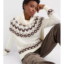 LOFT Fair Isle Cowl Neck Sweater M NWT Cream White Brown