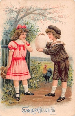 Chicken Near Little Boy Showing Huge Egg to Little Girl on Vintage Easter PC