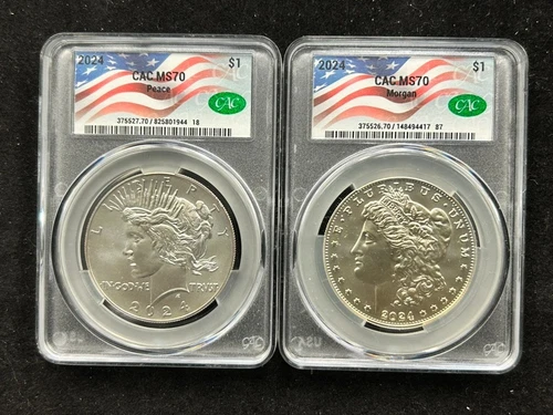 2024 $1 SILVER PEACE & MORGAN DOLLAR CAC MS70 FLAG LABEL 2-COIN SET ++MINT++
