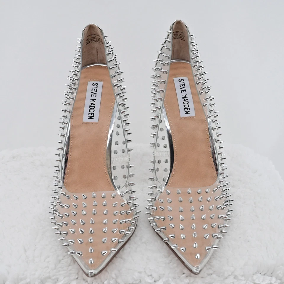 Zapatos de tacón de aguja Steve Madden transparentes con tachuelas plateados punta para mujer talla 10 vampiro Foto 4 de 4