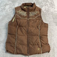 Ariat Down Puffer Vest Womens M Brown Embroidered Western Full Zip Insulated
