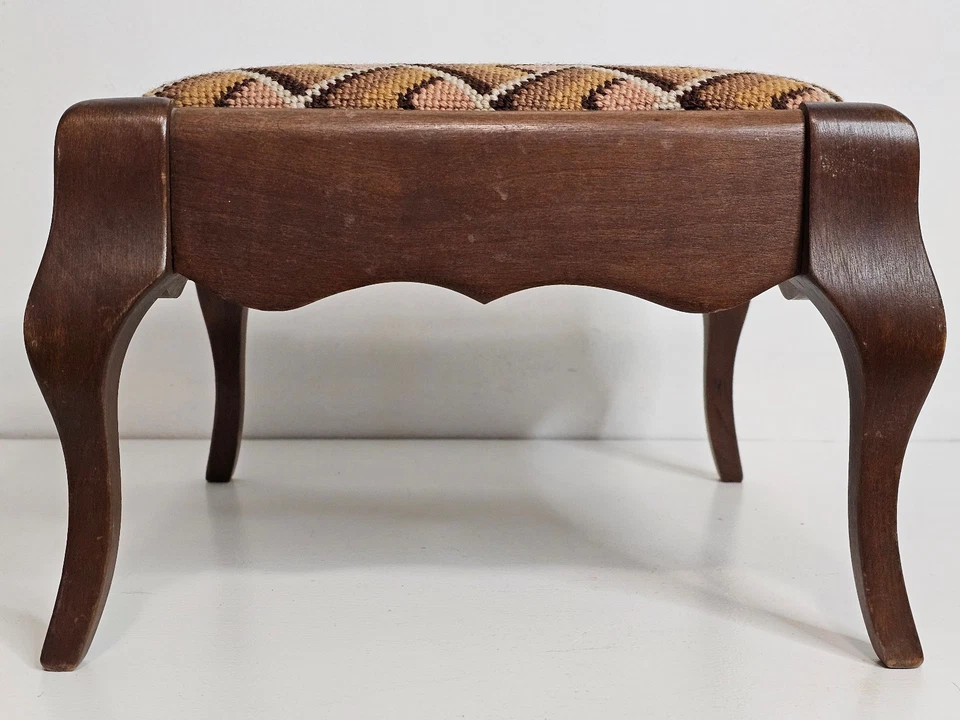 Vintage Footstool Wooden Queen Anne Leg Diamond Tapestry Stool 11" X 11" X 7.5" - Image 2 of 4