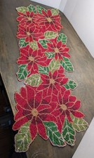 Handcrafted Beaded Runner W/ Christmas Poinsettias Design 34" Red Green Gold