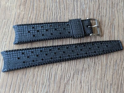 Vintage 1960/70's Curved Lug Ends 19 mm Black TROPIC Strap w/'ACIER' Buckle - Photo 1/4