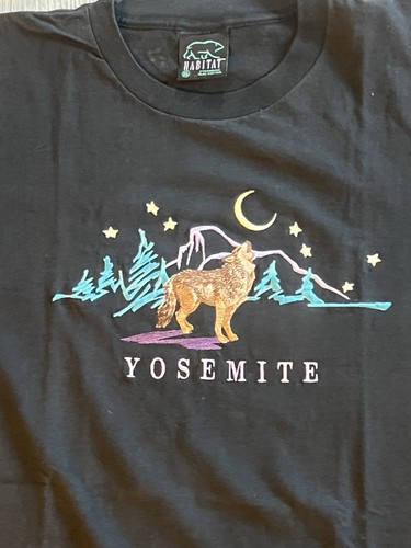 T-shirt Habitat Yosemite ricamata grafica lupo vintage anni 90 XL nera punto singolo