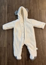 Baby Fleece Hooded Bunting Suit w Bear Ears Cozy White Plush Infant Snowsuit 12M