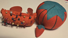 Vintage Pincushions, Tomato with needle sharpener and Wrist w/ 30+ Straight Pins