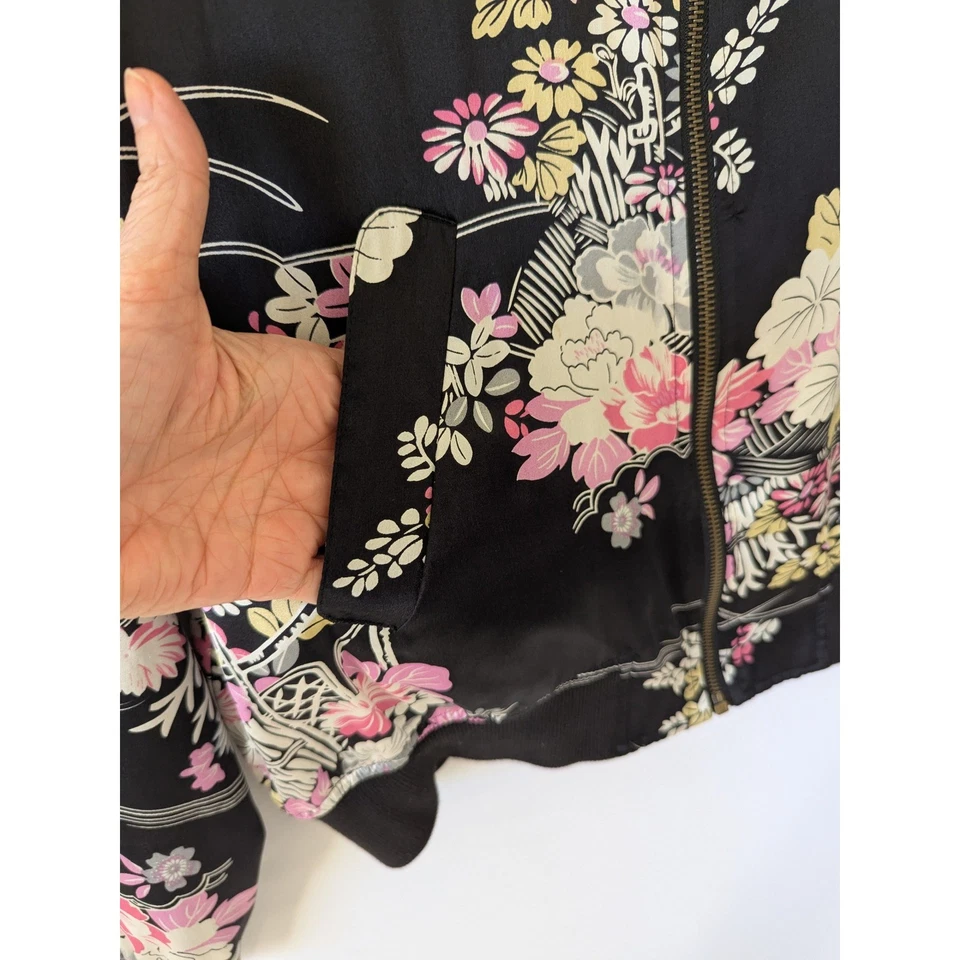 Chaqueta Bomber Anne Carson Vintage Floral Seda Rosa Amarillo Negro Mujer Talla L Foto 2 de 4