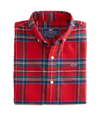 Vineyard Vines Jolly Plaid Flannel Whale Shirt Calypso Red Boy's XL 18 Holiday