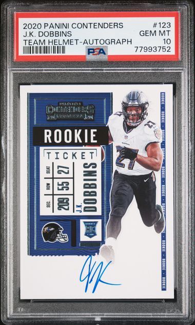 JK DOBBINS 2020 CONTENDERS ROOKIE TICKET ON CARD AUTO VARIATION RC #123 PSA 10