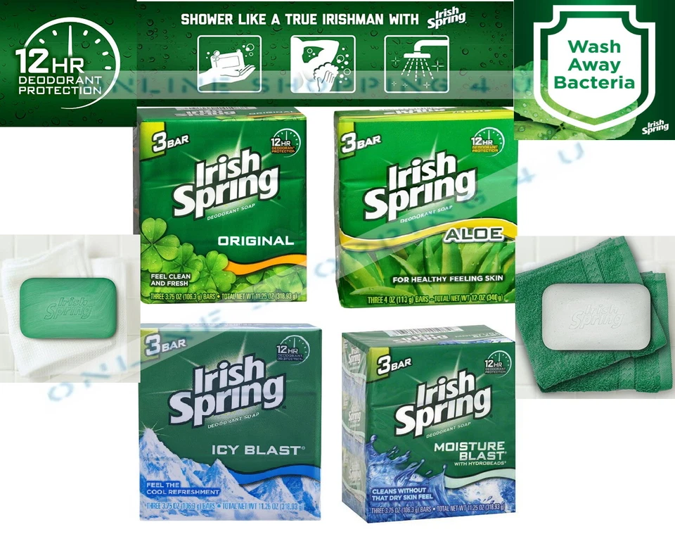 Irish Spring Deodorant Soap Bar Original, Aloe, Icy Blast Bath & Body Soaps Bar