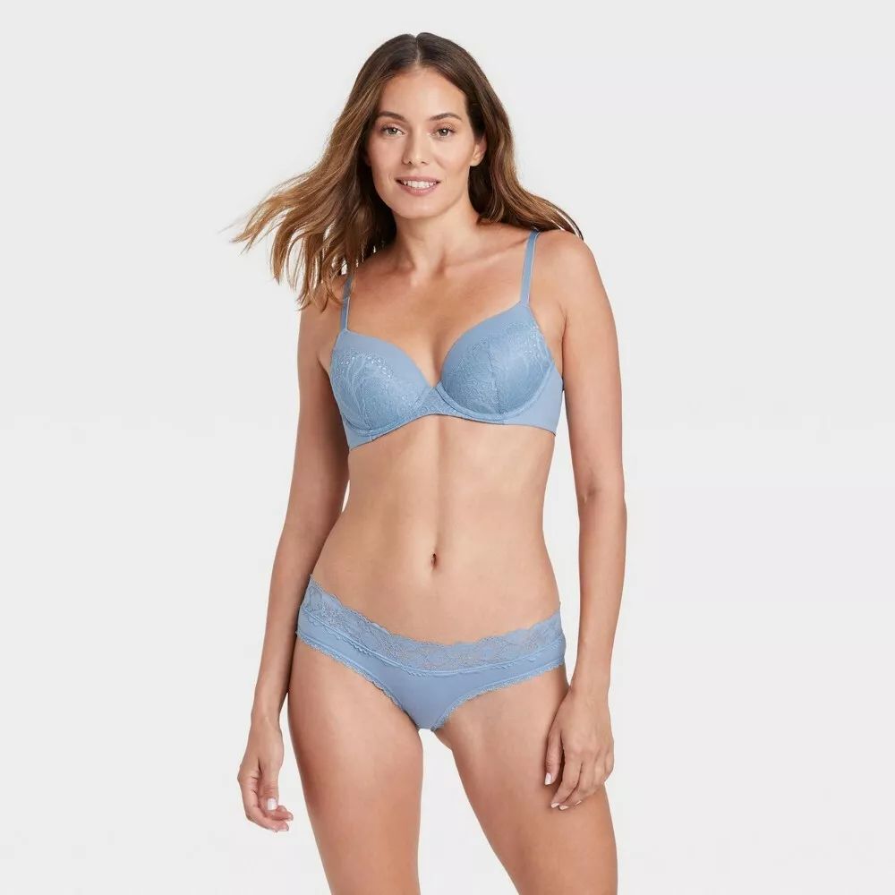 Women's Cotton Cheeky Underwear with Lace Waistband - Auden Blue