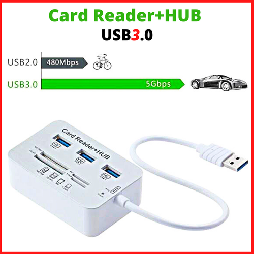 Memory Card Reader+HUB USB 3.0 Speed 5GBPs Adapter Alu 3xPort USB-MS SD M2 TF - Picture 2 of 12