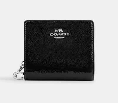 Coach Women's Black Crinkle Patent Leather Snap Small Wallet