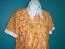 Vtg 70s GROOVY Op Art Poly Button Front Shirt Top Orange White Check Sz 38